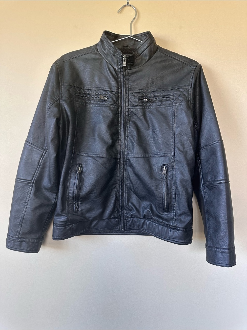 Kid’s Black Faux Leather Bomber Jacket with Stand Collar